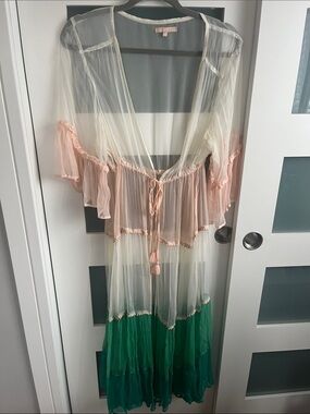 Sheer Tie-Front Maxi Robe in Blush, Ivory & Green
